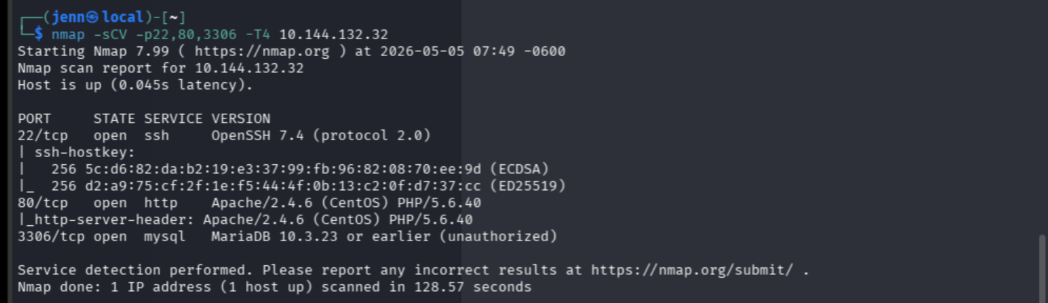 nmap -sCV targeted scan on ports 22, 80, 3306